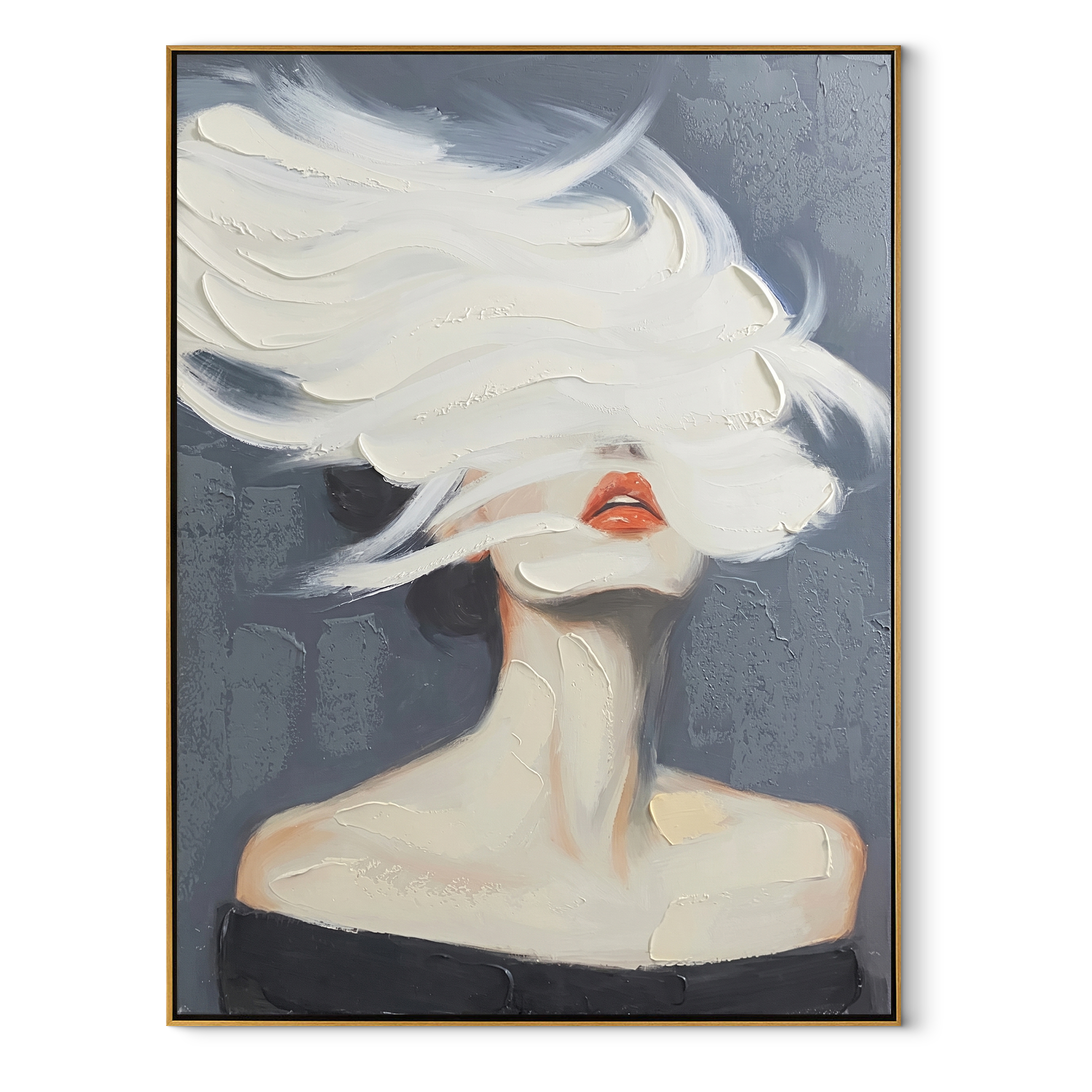 White Brim Becomes Wind - white hat woman by Marcus Lau, Retro Modern vertical wall art – wood frame on white background