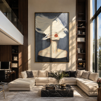 White Brim Becomes Wind - white hat woman by Marcus Lau, Retro Modern vertical wall art – styled room scene view 2