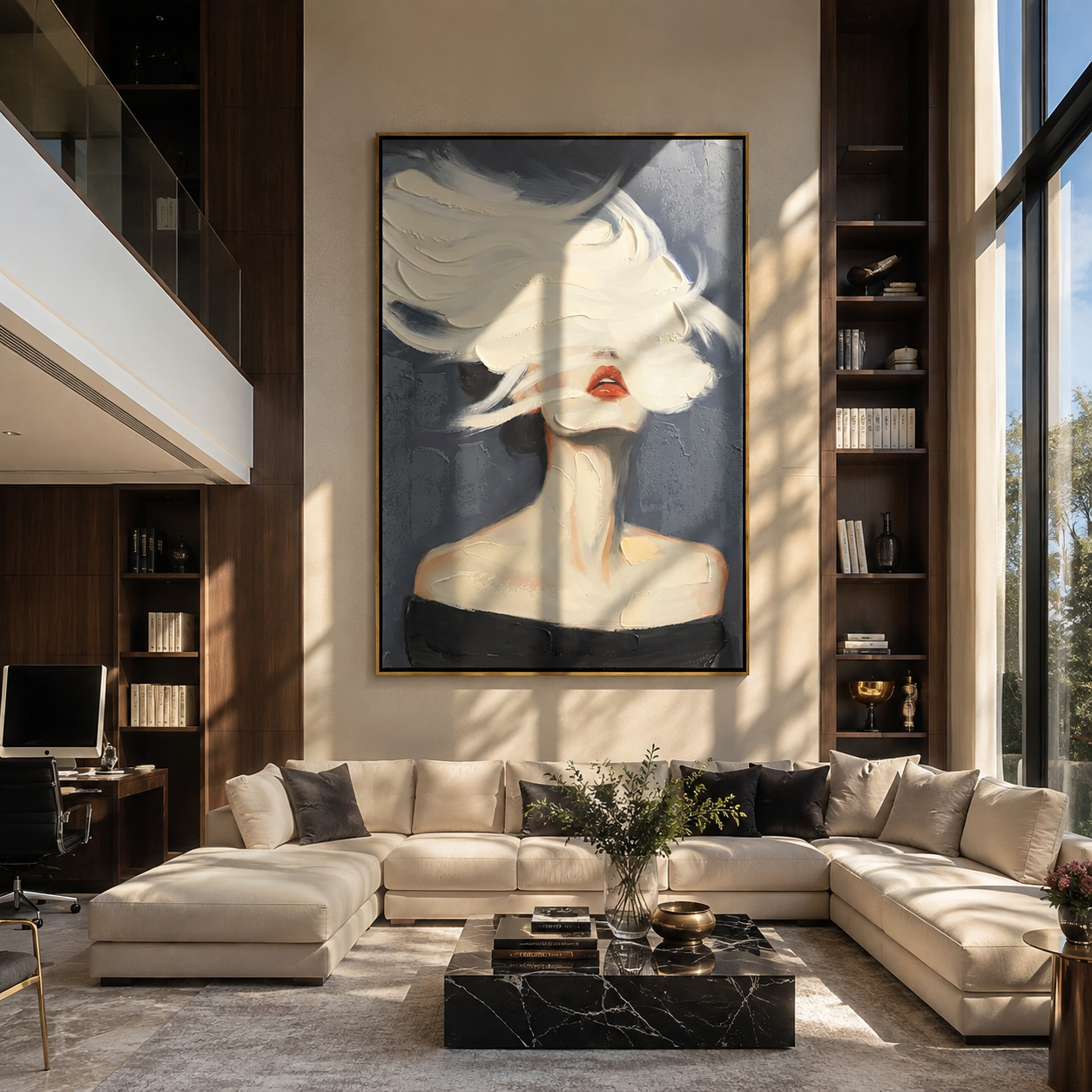 White Brim Becomes Wind - white hat woman by Marcus Lau, Retro Modern vertical wall art – styled room scene view 2
