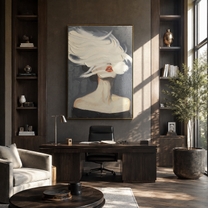 White Brim Becomes Wind - white hat woman by Marcus Lau, Retro Modern vertical wall art – styled room scene view 3