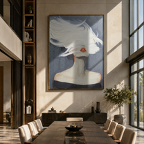 White Brim Becomes Wind - white hat woman by Marcus Lau, Retro Modern vertical wall art – styled room scene view 4