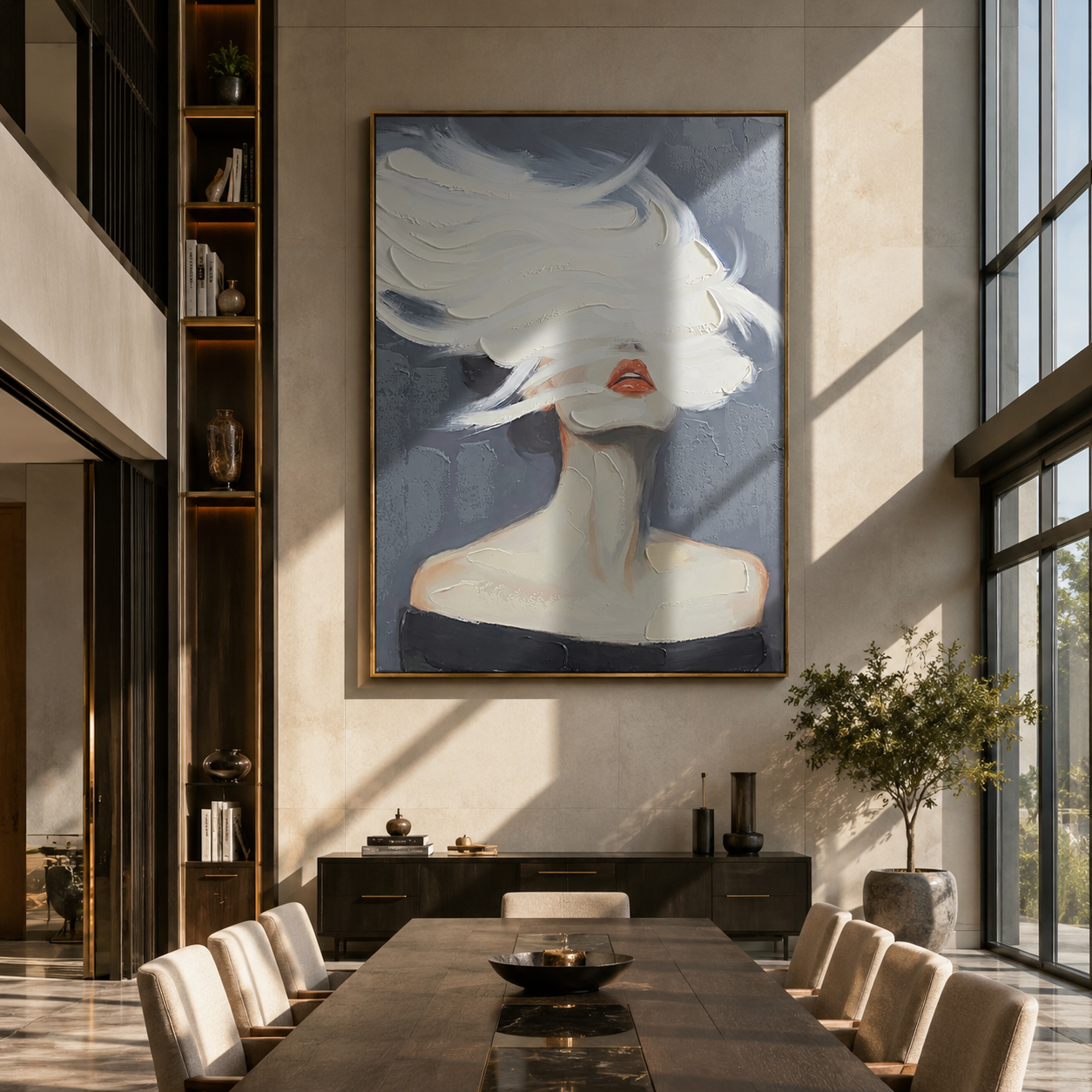White Brim Becomes Wind - white hat woman by Marcus Lau, Retro Modern vertical wall art – styled room scene view 4