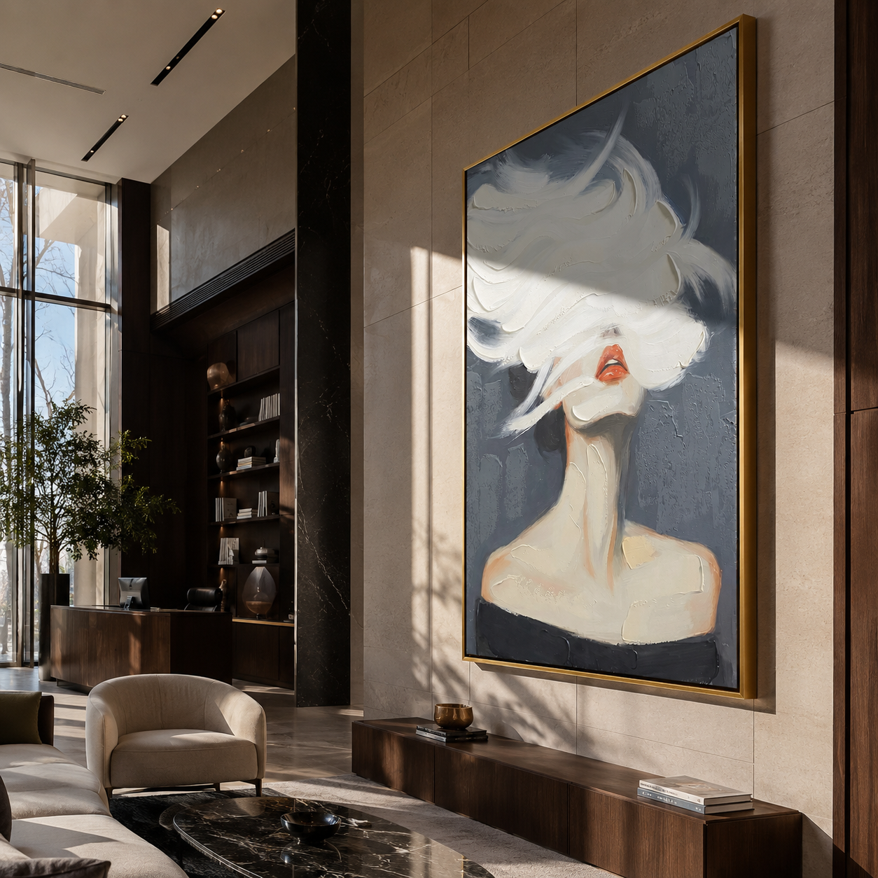White Brim Becomes Wind - white hat woman by Marcus Lau, Retro Modern vertical wall art – styled room scene view 5