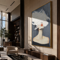 White Brim Becomes Wind - white hat woman by Marcus Lau, Retro Modern vertical wall art – styled room scene view 5