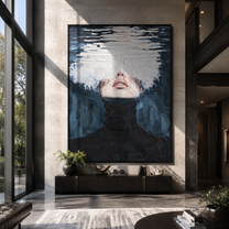 White Water Hides Eyes - black turtleneck water portrait by Marcus Lau, Retro Modern vertical wall art – styled room scene view 1