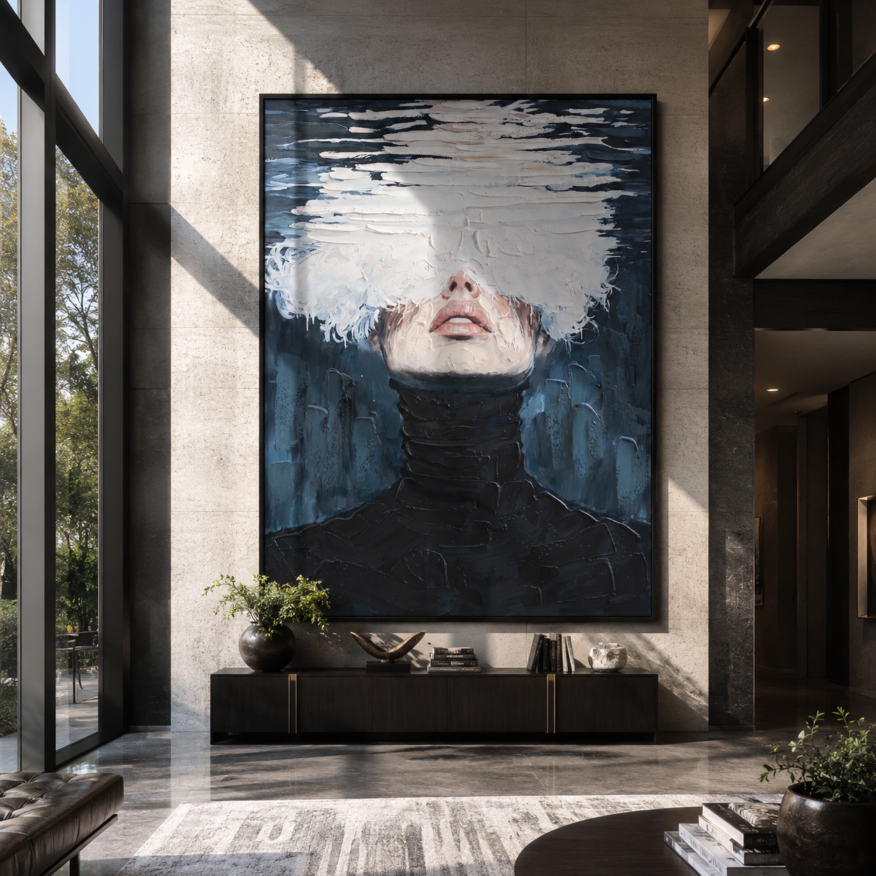 White Water Hides Eyes - black turtleneck water portrait by Marcus Lau, Retro Modern vertical wall art – styled room scene view 1