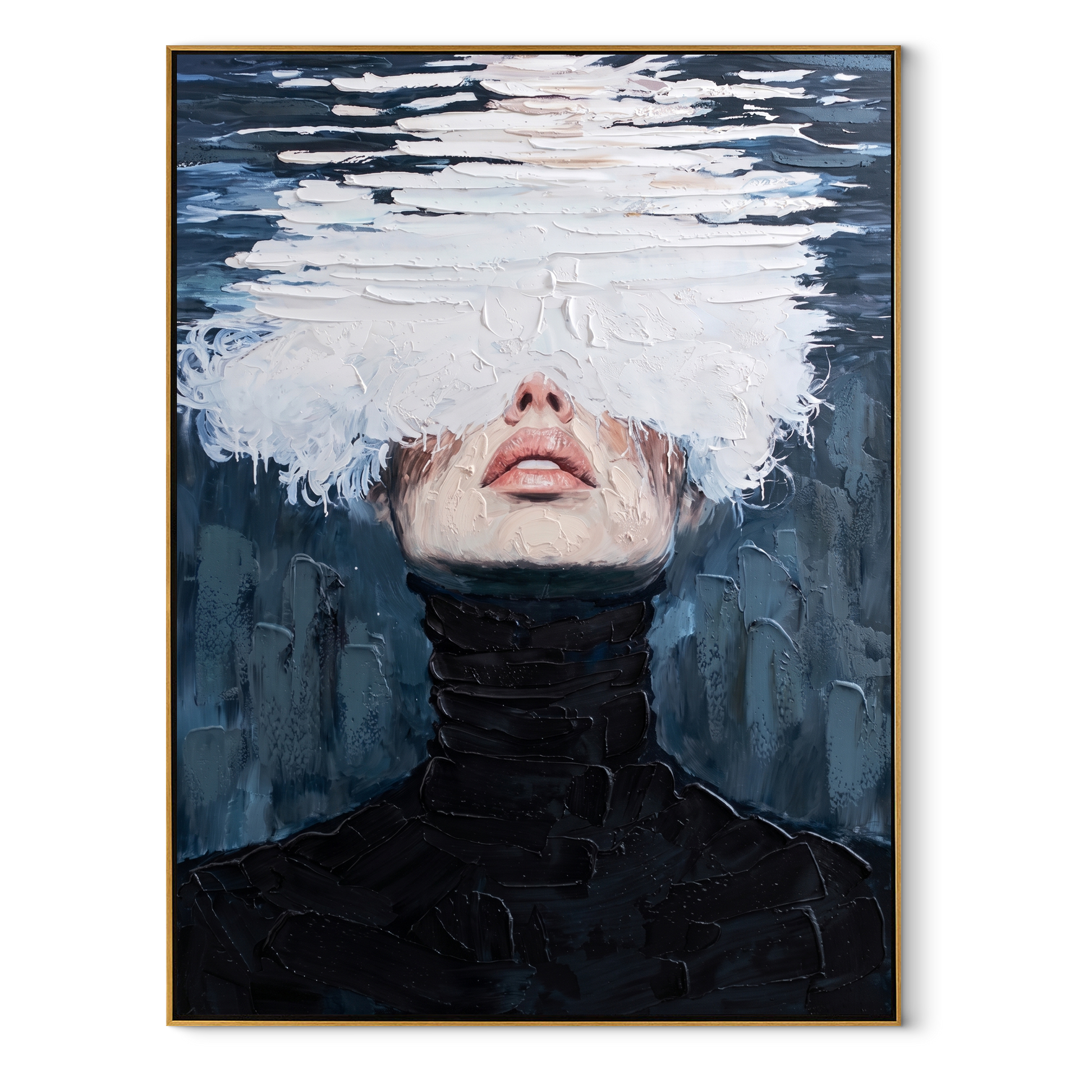 White Water Hides Eyes - black turtleneck water portrait by Marcus Lau, Retro Modern vertical wall art – wood frame on white background