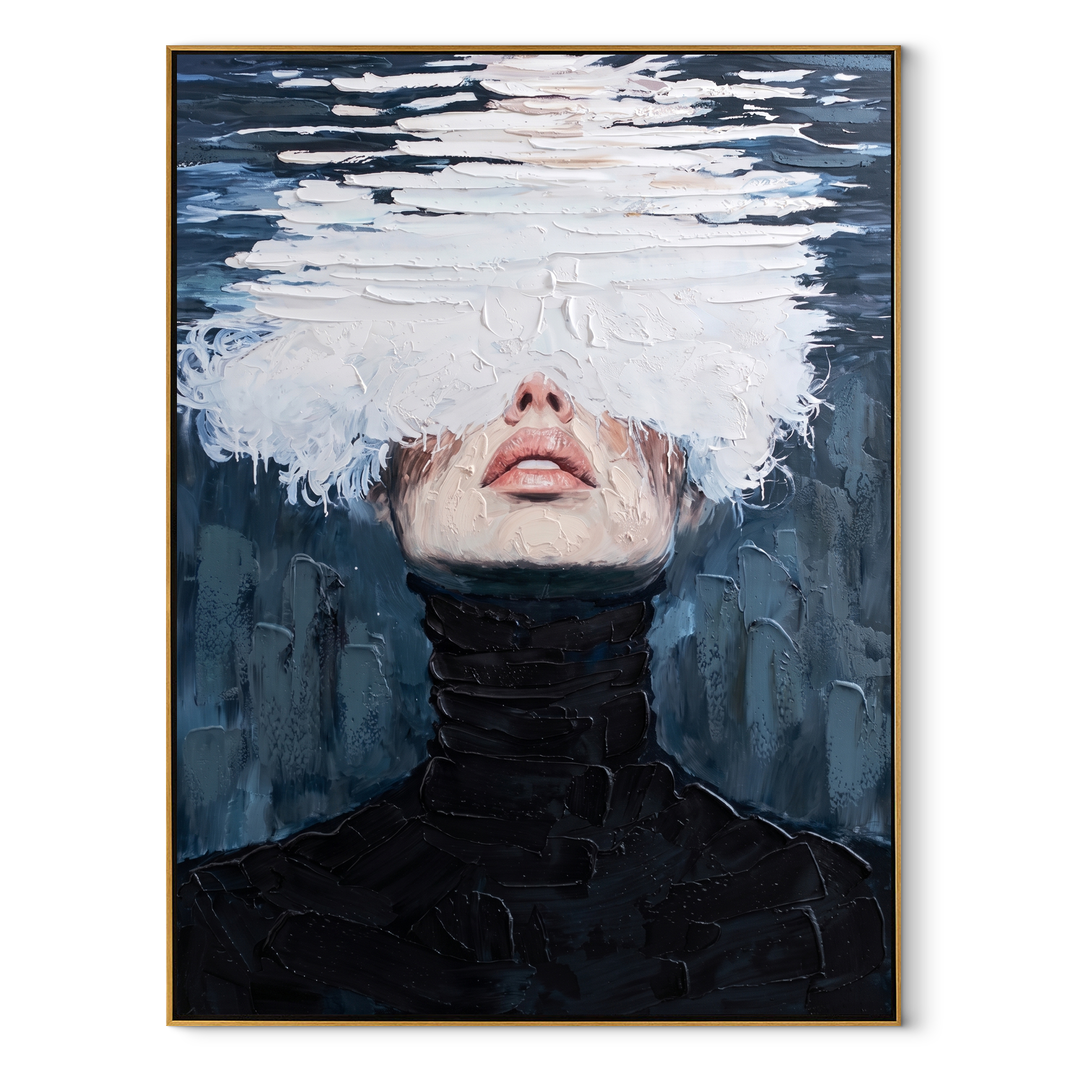 White Water Hides Eyes - black turtleneck water portrait by Marcus Lau, Retro Modern vertical wall art – wood frame on white background