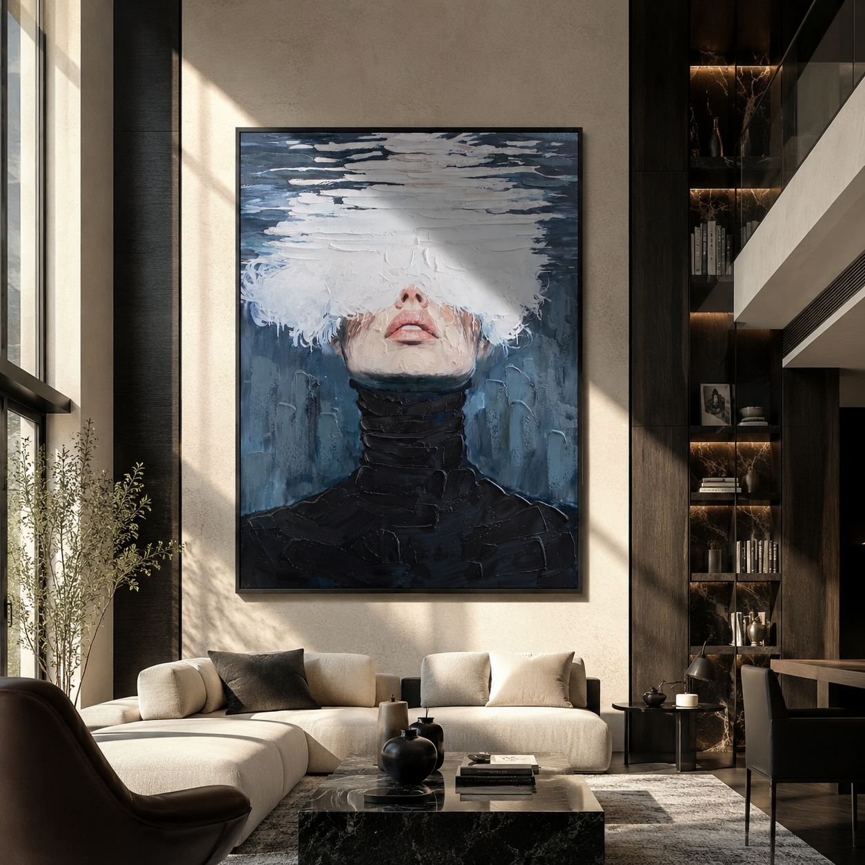 White Water Hides Eyes - black turtleneck water portrait by Marcus Lau, Retro Modern vertical wall art – styled room scene view 2