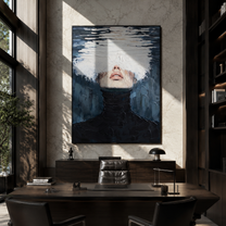 White Water Hides Eyes - black turtleneck water portrait by Marcus Lau, Retro Modern vertical wall art – styled room scene view 3