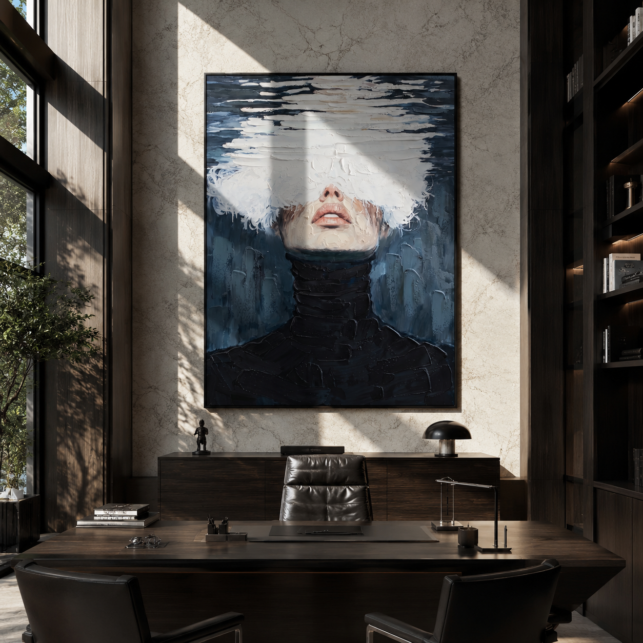 White Water Hides Eyes - black turtleneck water portrait by Marcus Lau, Retro Modern vertical wall art – styled room scene view 3