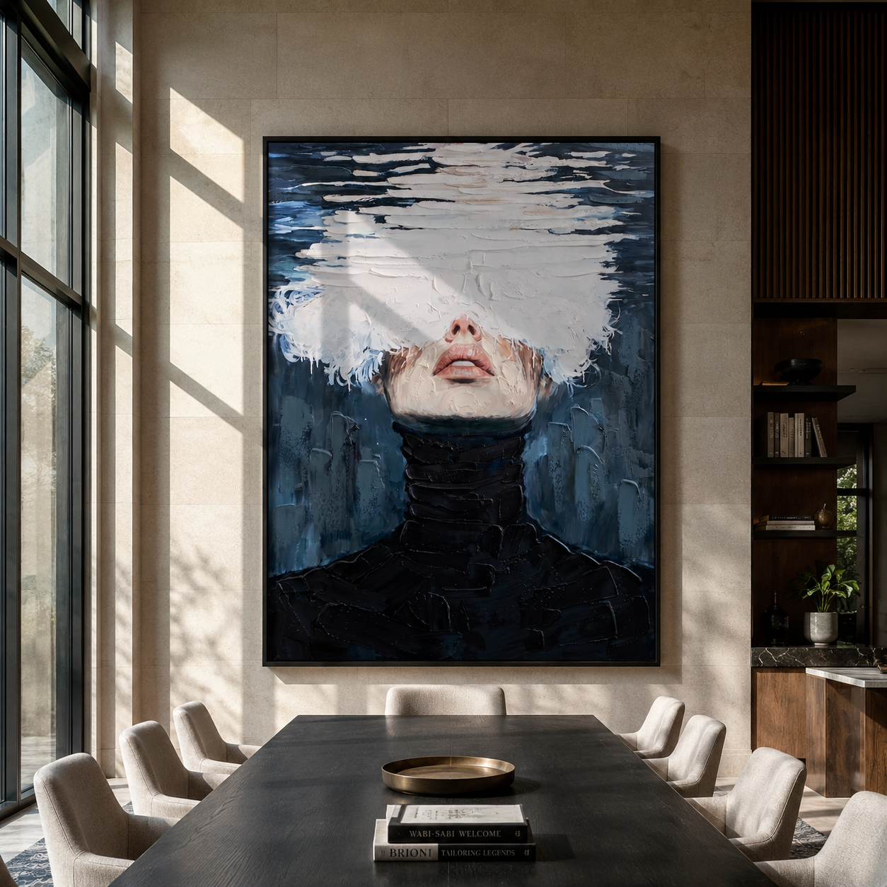 White Water Hides Eyes - black turtleneck water portrait by Marcus Lau, Retro Modern vertical wall art – styled room scene view 4