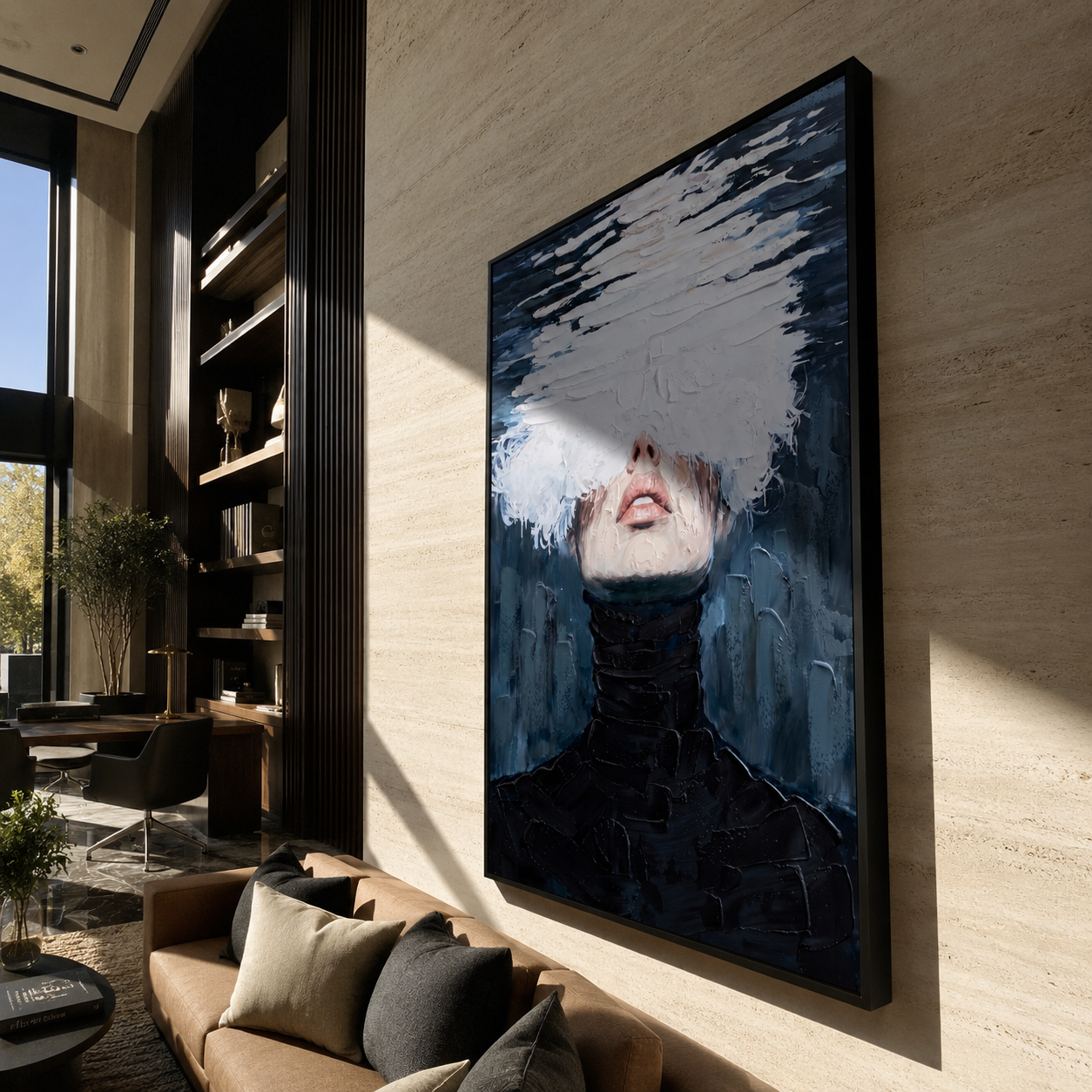 White Water Hides Eyes - black turtleneck water portrait by Marcus Lau, Retro Modern vertical wall art – styled room scene view 5