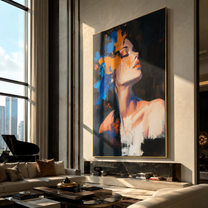 Orange Light Meets Blue - blue and orange woman by Marcus Lau, Retro Modern vertical wall art – styled room scene view 1
