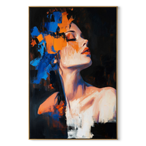 Orange Light Meets Blue - blue and orange woman by Marcus Lau, Retro Modern vertical wall art – wood frame on white background