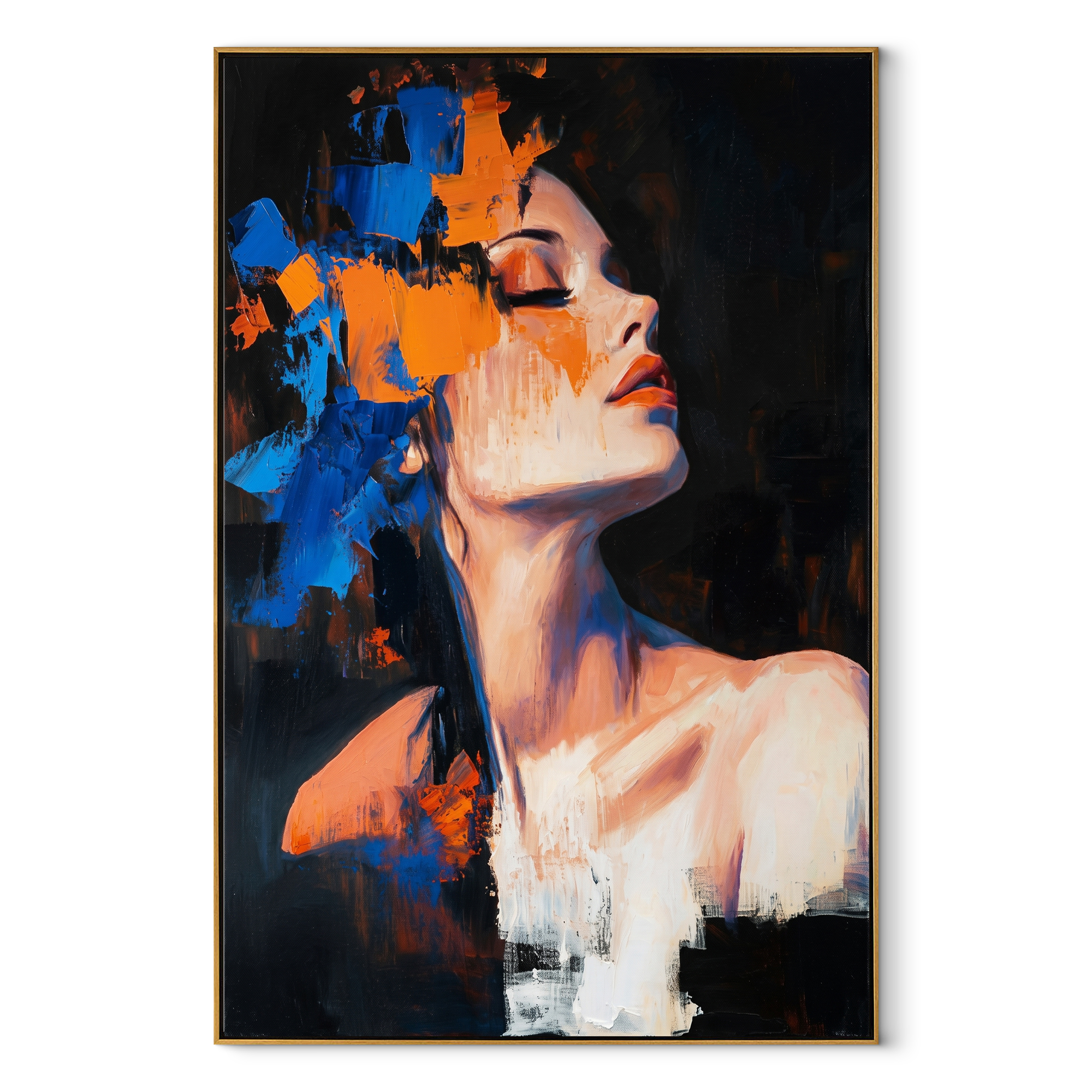Orange Light Meets Blue - blue and orange woman by Marcus Lau, Retro Modern vertical wall art – wood frame on white background