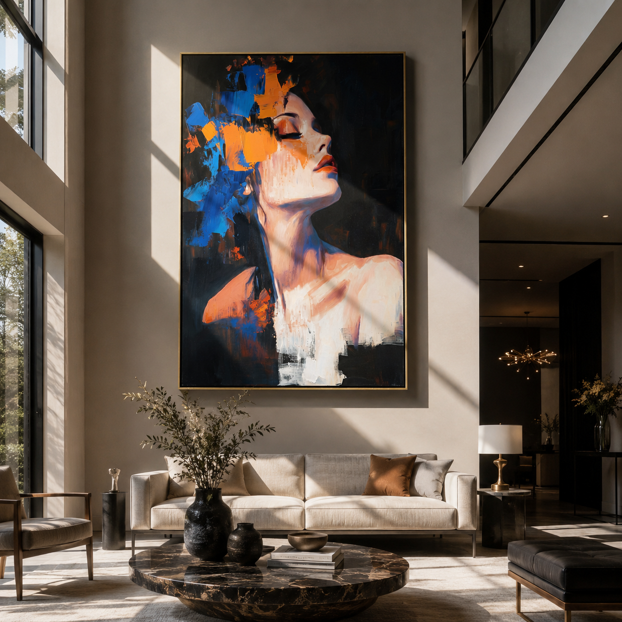 Orange Light Meets Blue - blue and orange woman by Marcus Lau, Retro Modern vertical wall art – styled room scene view 2