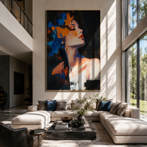 Orange Light Meets Blue - blue and orange woman by Marcus Lau, Retro Modern vertical wall art – styled room scene view 3