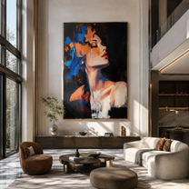 Orange Light Meets Blue - blue and orange woman by Marcus Lau, Retro Modern vertical wall art – styled room scene view 4