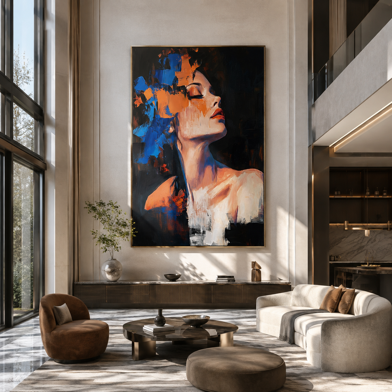 Orange Light Meets Blue - blue and orange woman by Marcus Lau, Retro Modern vertical wall art – styled room scene view 4