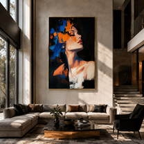 Orange Light Meets Blue - blue and orange woman by Marcus Lau, Retro Modern vertical wall art – styled room scene view 5