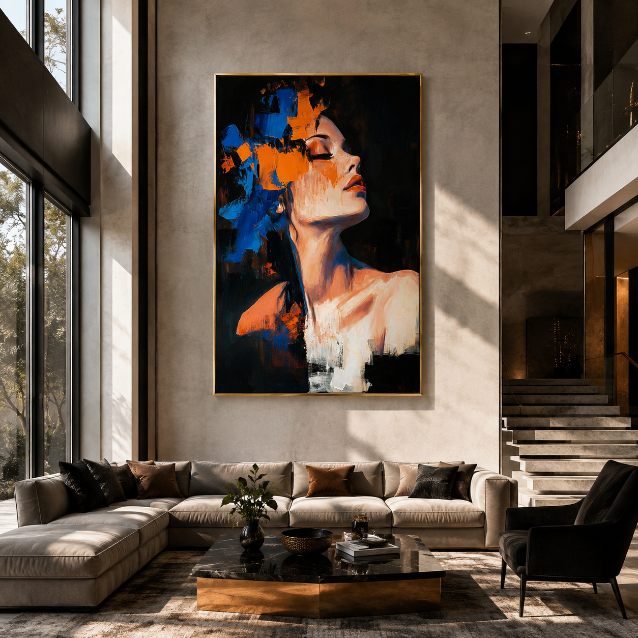 Orange Light Meets Blue - blue and orange woman by Marcus Lau, Retro Modern vertical wall art – styled room scene view 5