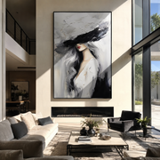 Charcoal Brim Cuts Mist - black hat woman by Marcus Lau, Retro Modern vertical wall art – styled room scene view 1