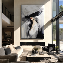 Charcoal Brim Cuts Mist - black hat woman by Marcus Lau, Retro Modern vertical wall art – styled room scene view 1