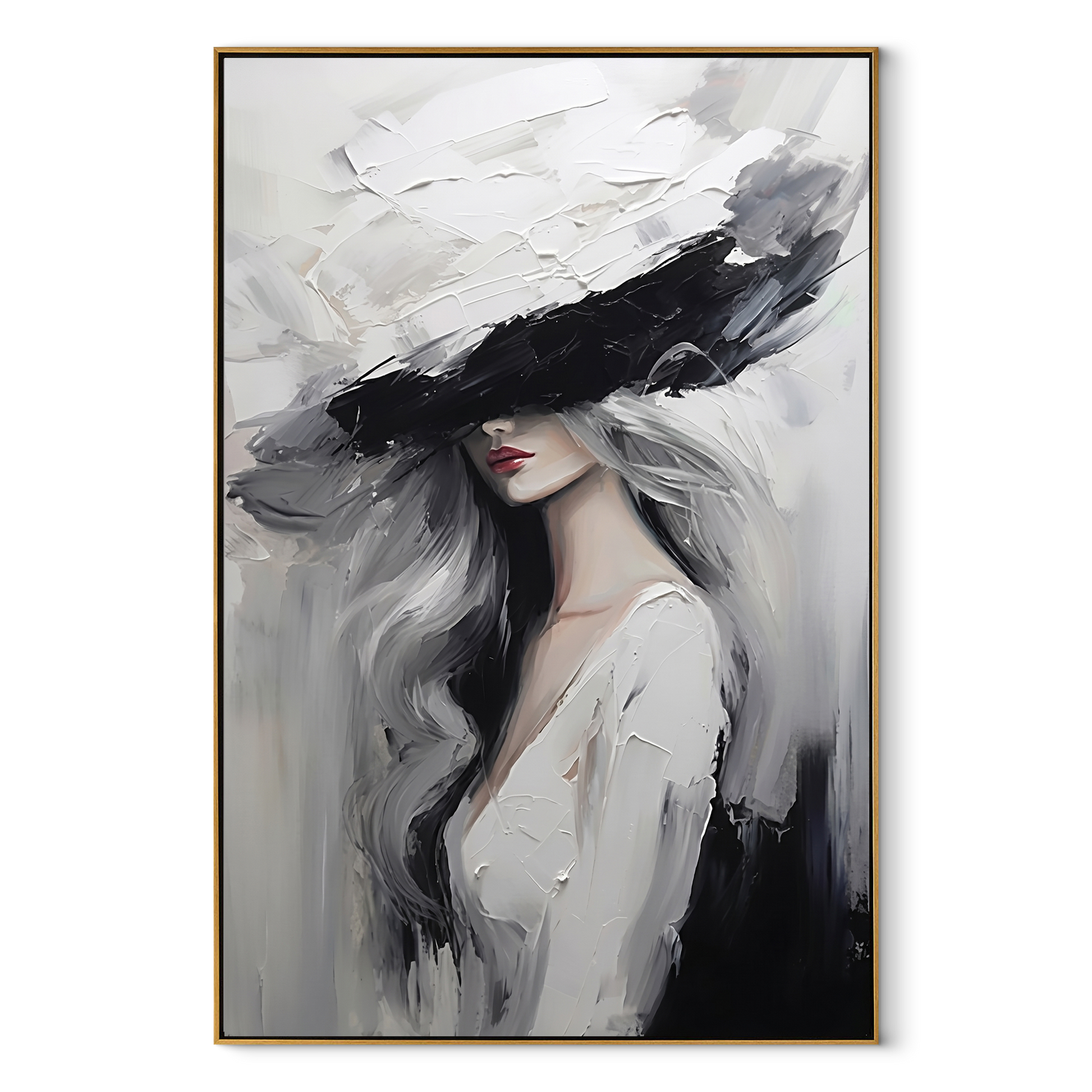 Charcoal Brim Cuts Mist - black hat woman by Marcus Lau, Retro Modern vertical wall art – wood frame on white background
