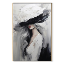 Charcoal Brim Cuts Mist - black hat woman by Marcus Lau, Retro Modern vertical wall art – wood frame on white background