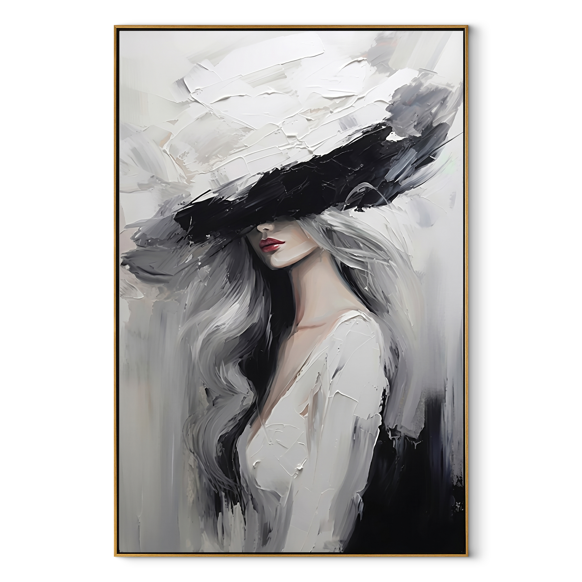 Charcoal Brim Cuts Mist - black hat woman by Marcus Lau, Retro Modern vertical wall art – wood frame on white background