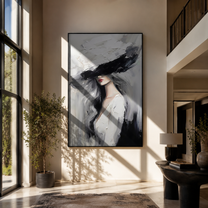 Charcoal Brim Cuts Mist - black hat woman by Marcus Lau, Retro Modern vertical wall art – styled room scene view 2