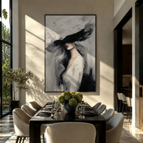 Charcoal Brim Cuts Mist - black hat woman by Marcus Lau, Retro Modern vertical wall art – styled room scene view 3