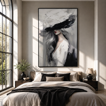 Charcoal Brim Cuts Mist - black hat woman by Marcus Lau, Retro Modern vertical wall art – styled room scene view 4