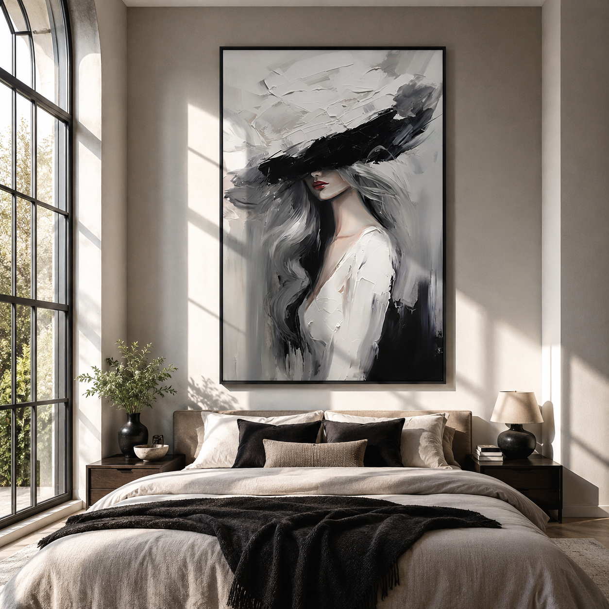 Charcoal Brim Cuts Mist - black hat woman by Marcus Lau, Retro Modern vertical wall art – styled room scene view 4