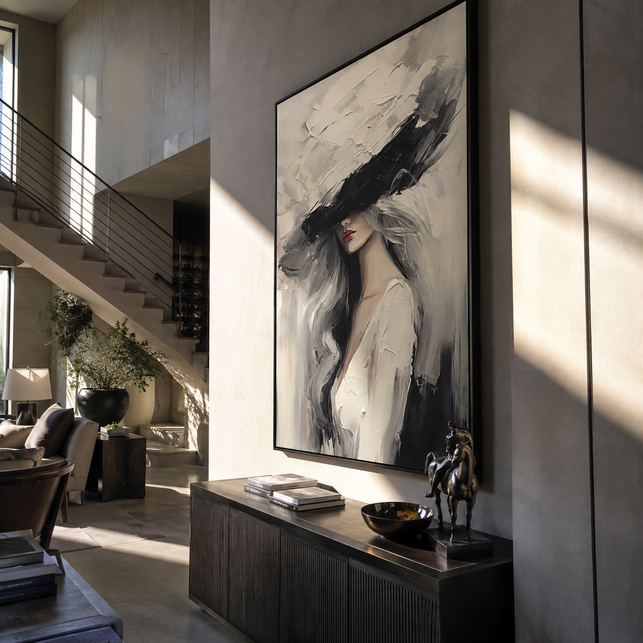 Charcoal Brim Cuts Mist - black hat woman by Marcus Lau, Retro Modern vertical wall art – styled room scene view 5