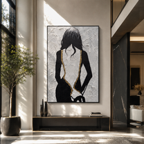 Gold Seams Trace Midnight - black dress back portrait by Marcus Lau, Retro Modern vertical wall art – styled room scene view 1