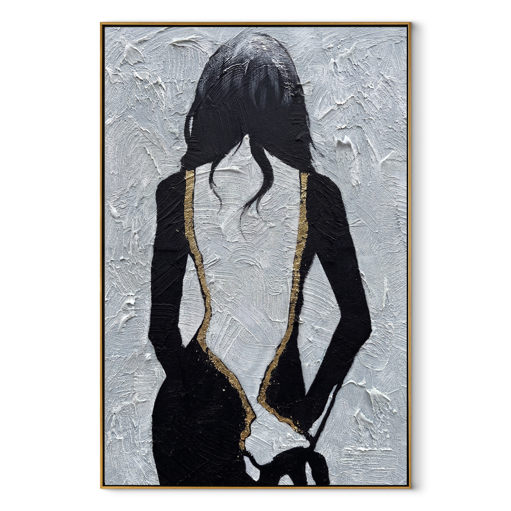 Gold Seams Trace Midnight - black dress back portrait by Marcus Lau, Retro Modern vertical wall art – wood frame on white background