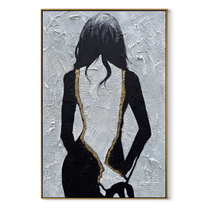Gold Seams Trace Midnight - black dress back portrait by Marcus Lau, Retro Modern vertical wall art – wood frame on white background