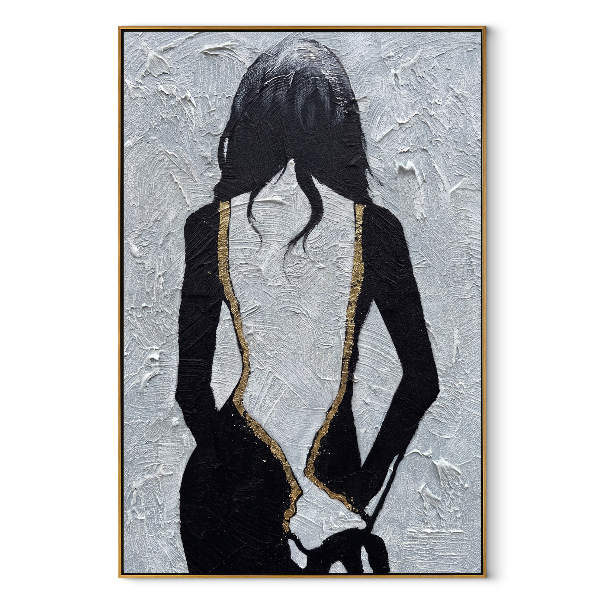 Gold Seams Trace Midnight - black dress back portrait by Marcus Lau, Retro Modern vertical wall art – wood frame on white background