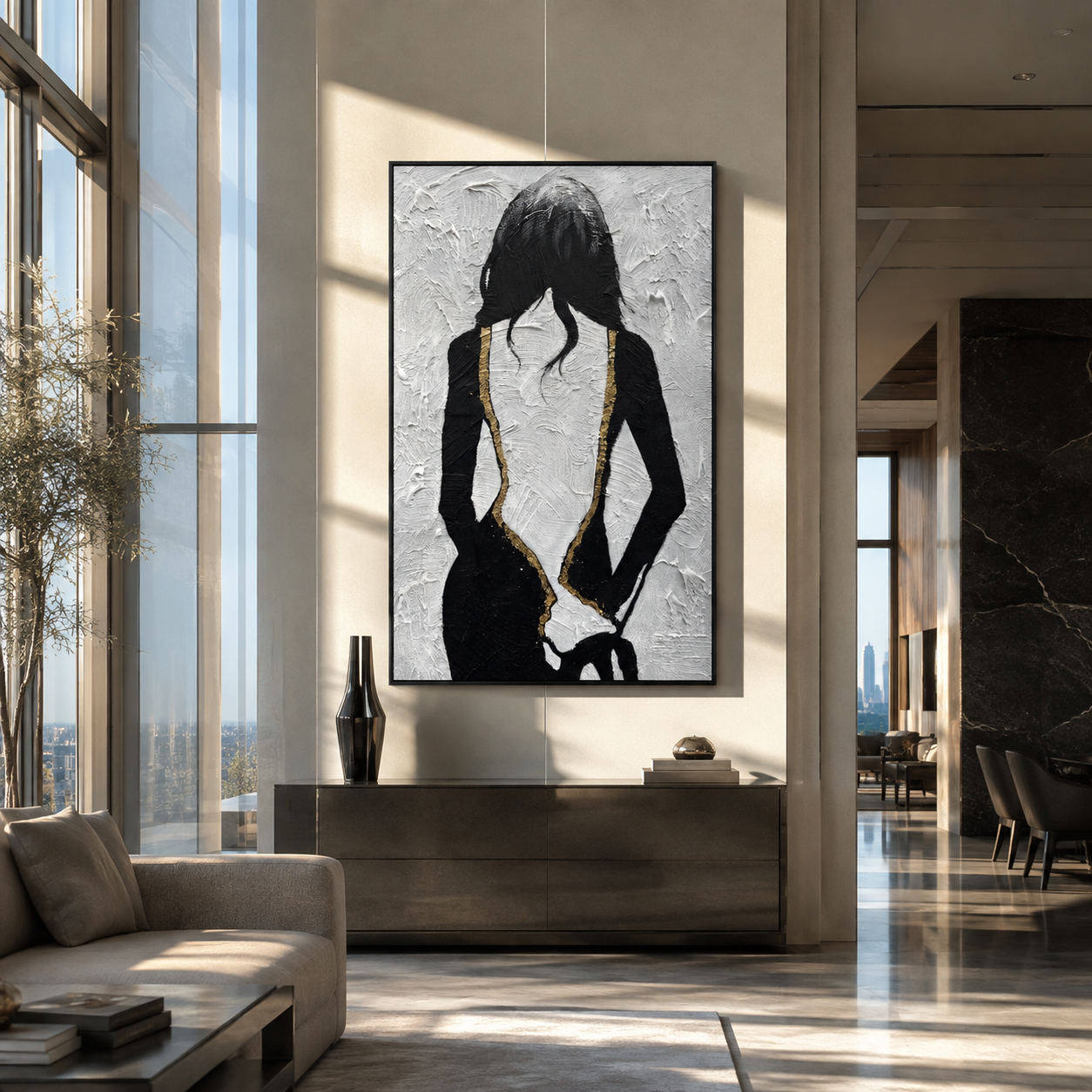 Gold Seams Trace Midnight - black dress back portrait by Marcus Lau, Retro Modern vertical wall art – styled room scene view 2