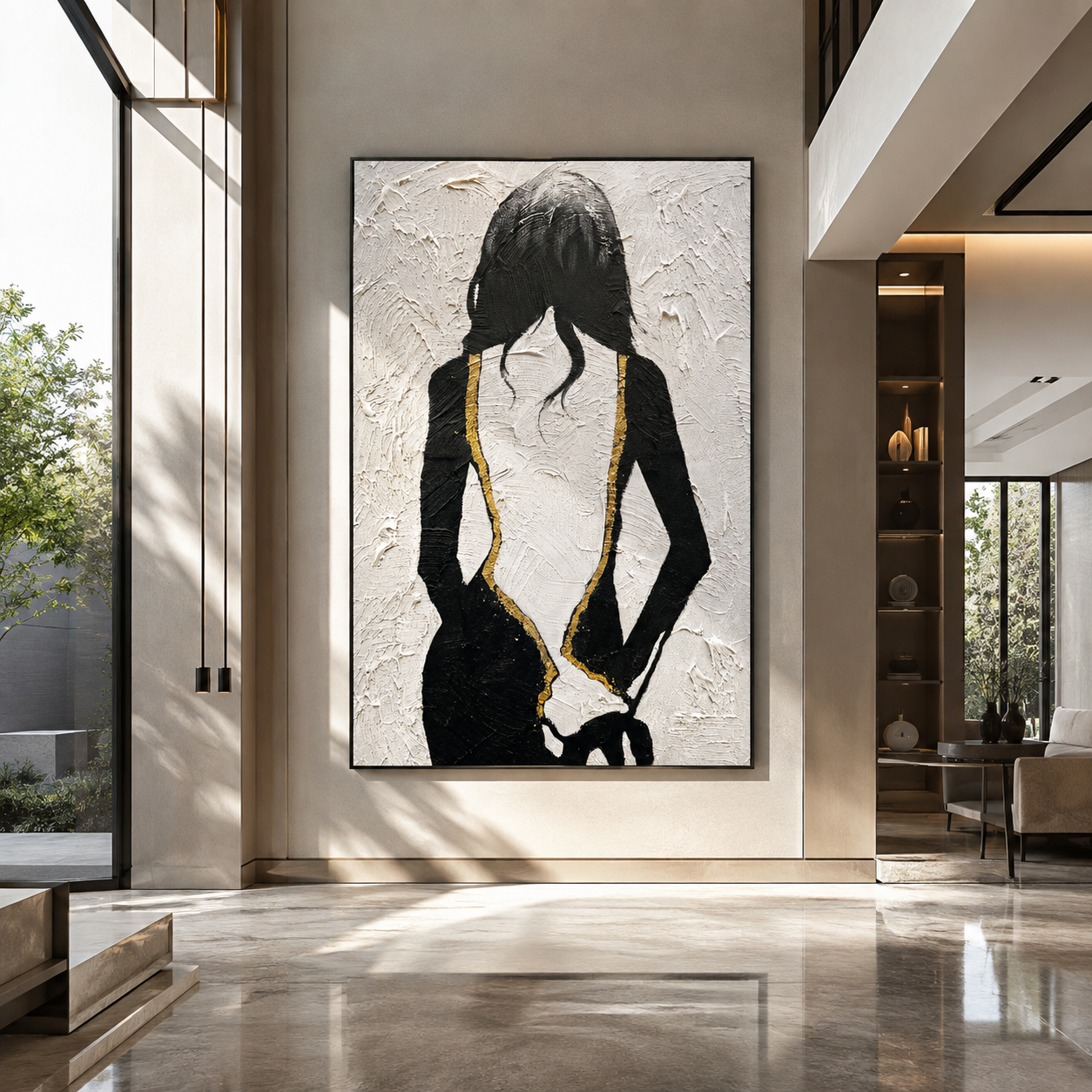 Gold Seams Trace Midnight - black dress back portrait by Marcus Lau, Retro Modern vertical wall art – styled room scene view 3