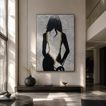 Gold Seams Trace Midnight - black dress back portrait by Marcus Lau, Retro Modern vertical wall art – styled room scene view 4