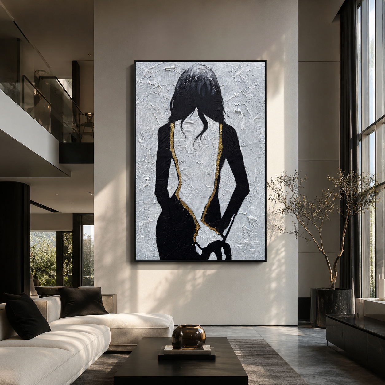 Gold Seams Trace Midnight - black dress back portrait by Marcus Lau, Retro Modern vertical wall art – styled room scene view 5