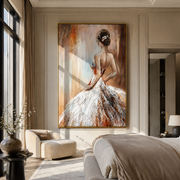 White Skirt Catches Dawn - white gown woman by Marcus Lau, Retro Modern vertical wall art – styled room scene view 1