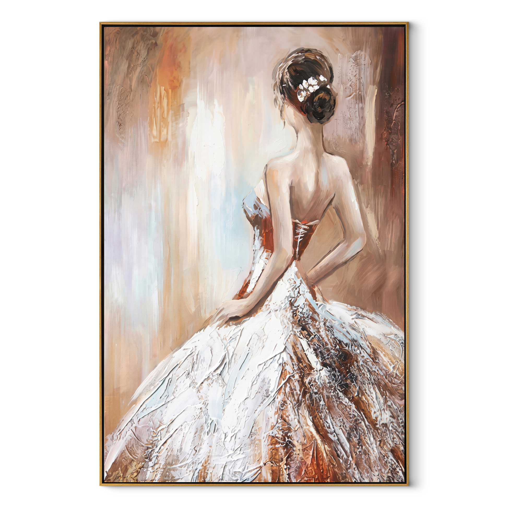 White Skirt Catches Dawn - white gown woman by Marcus Lau, Retro Modern vertical wall art – wood frame on white background