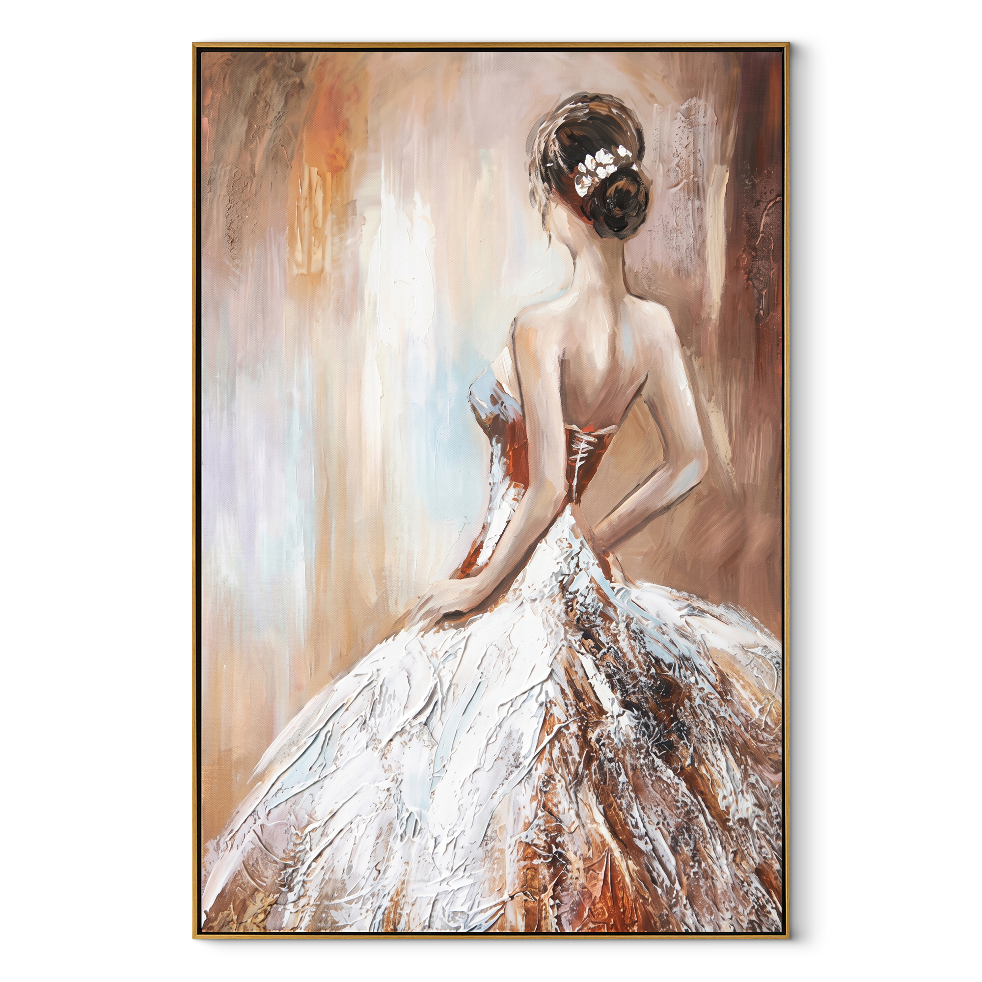 White Skirt Catches Dawn - white gown woman by Marcus Lau, Retro Modern vertical wall art – wood frame on white background