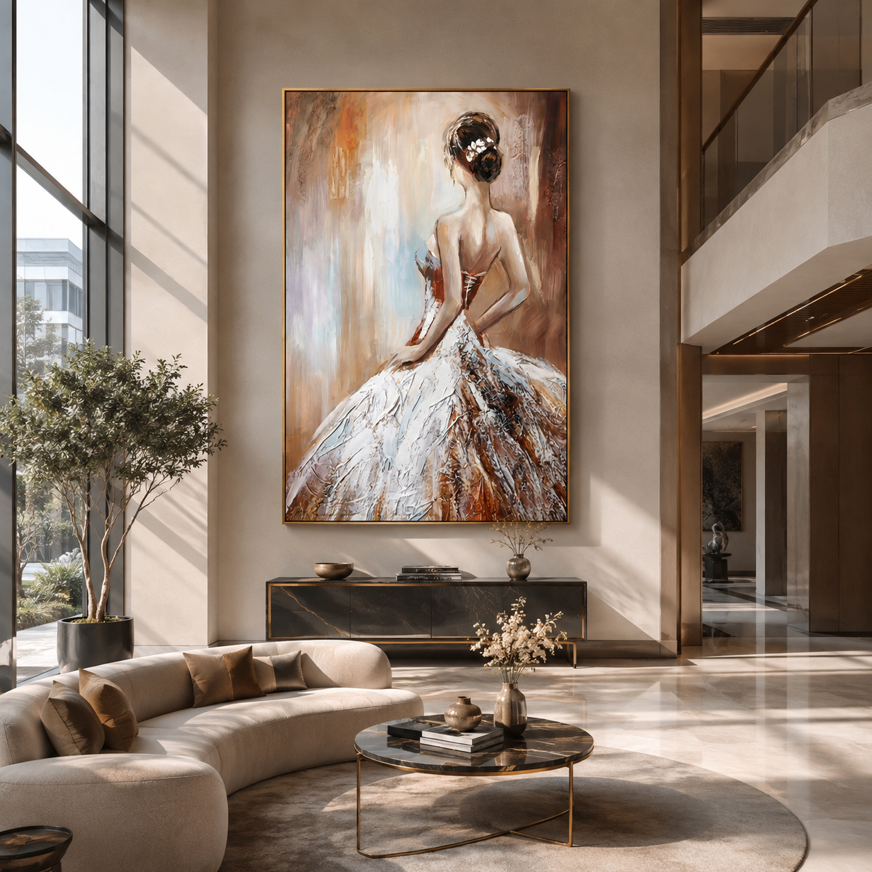 White Skirt Catches Dawn - white gown woman by Marcus Lau, Retro Modern vertical wall art – styled room scene view 2