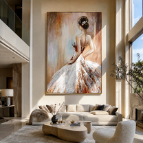 White Skirt Catches Dawn - white gown woman by Marcus Lau, Retro Modern vertical wall art – styled room scene view 3