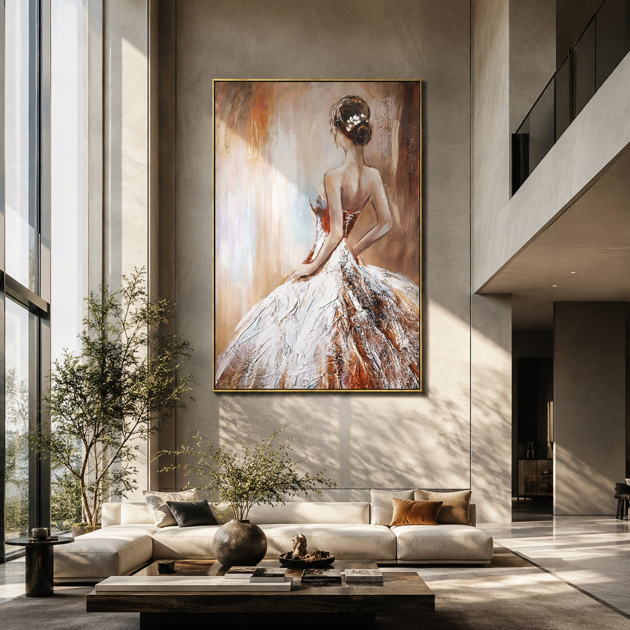 White Skirt Catches Dawn - white gown woman by Marcus Lau, Retro Modern vertical wall art – styled room scene view 5